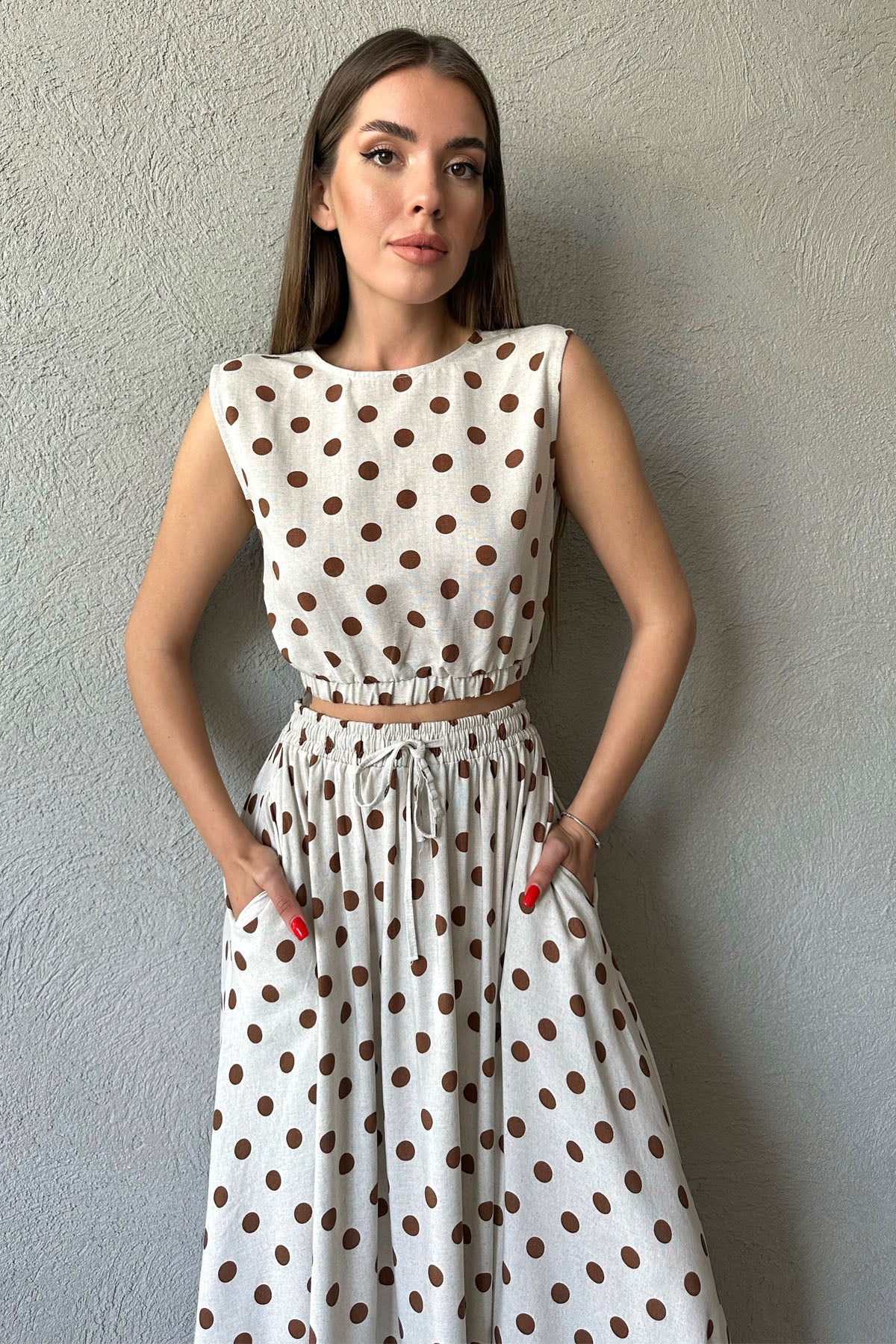 Kahve Puantiyeli  Keten Lastik Detaylı Uzun Etek ve Crop Takım SY-0516-Kahve
