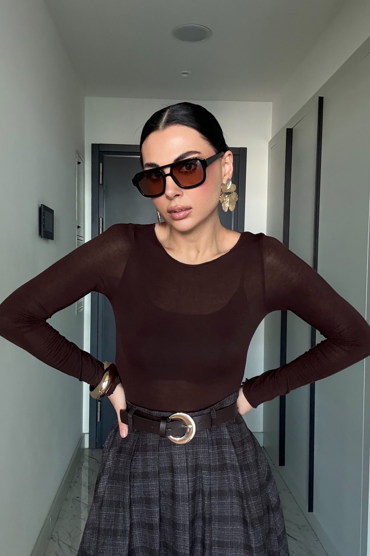 Ekose Desenli Yırtmaç Detaylı Acı Kahve Çizgili Kloş Etek SY-3494-Acı kahve