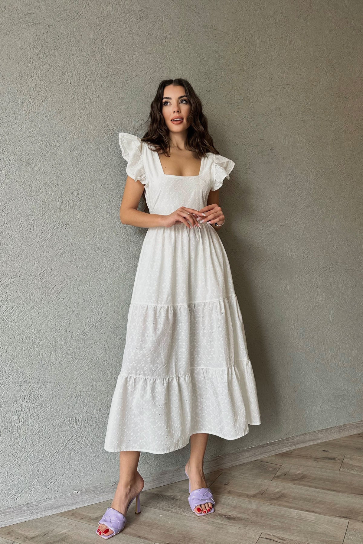 Ekru Kolları Fırfırlı Sırtı Bağlama Detay Brode Elbise SY-0386-Ekru