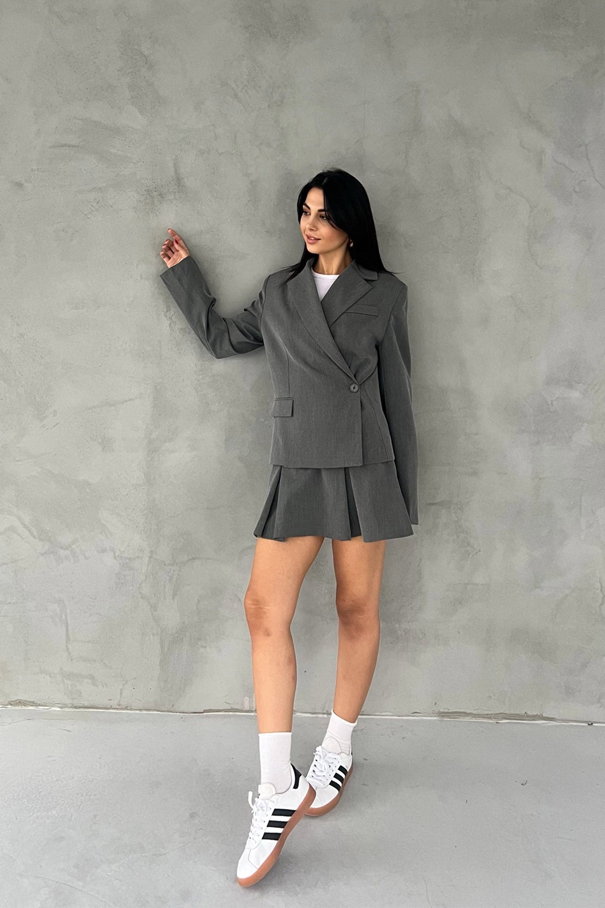 Gri Kruvaze Yandan Düğmeli Blazer Ceket SY-2546-Gri