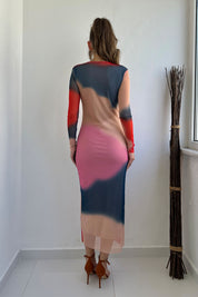 Pembe Desenli Astarlı Tül Elbise SY-0262-Pembe