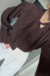 Vatkalı Şal Detaylı Kahverengi Bluz SY-3658-Kahverengi