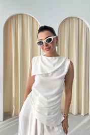 Beyaz Yaka Detaylı Asimetrik Kesim Bluz ve Pantolon Takım SY-3260-Beyaz