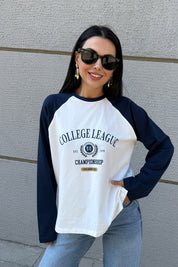 Ekru Reglan Kol Baskılı Bisiklet Yaka İnce Sweatshirt SY-3316-Ekru