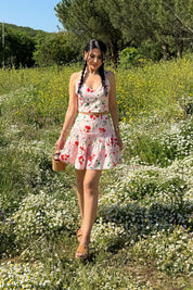 Pembe Desenli Askılı Crop Bluz ve Etek Takım SY-3193-Pembe