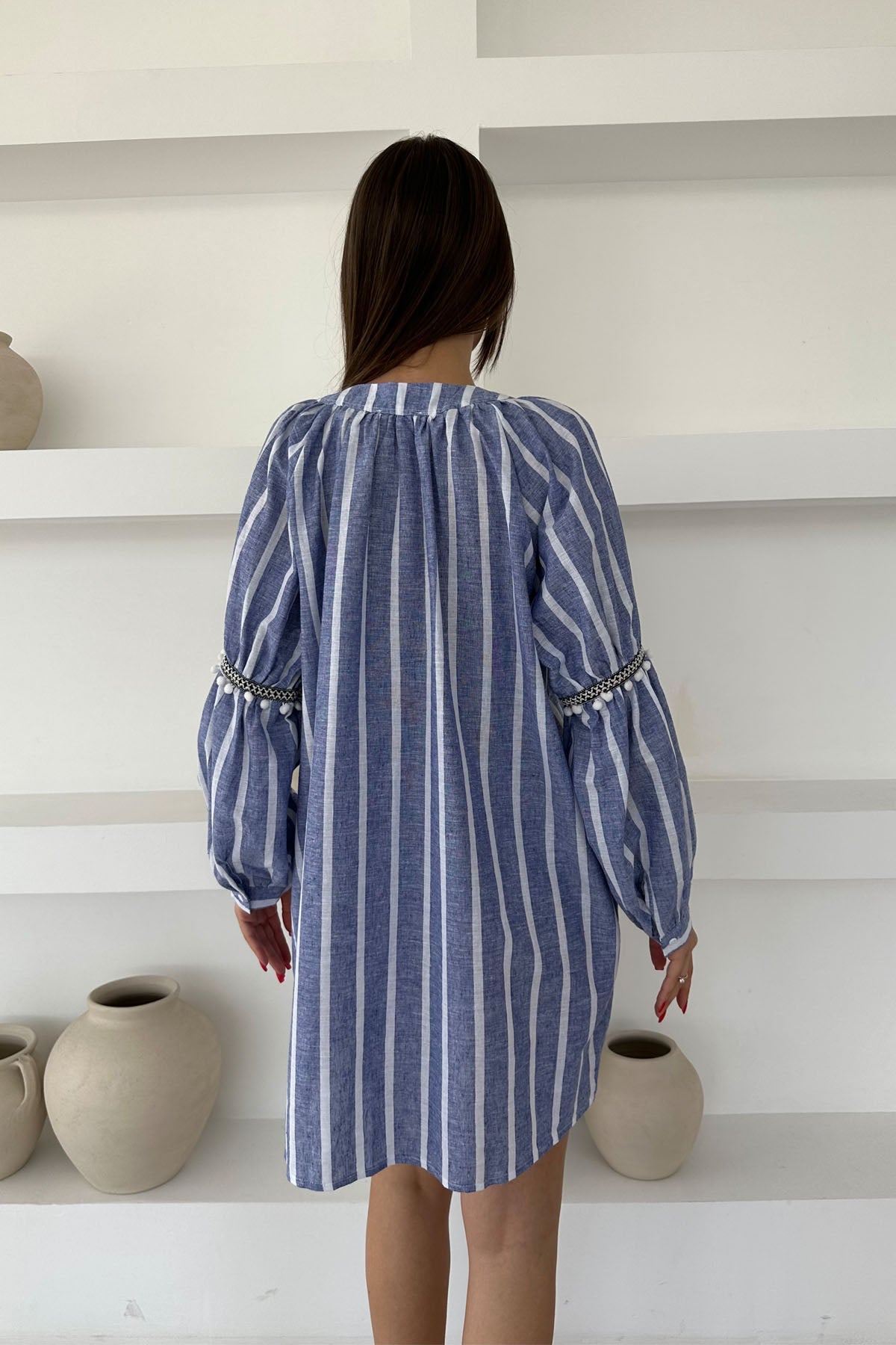 Mavi Püsküllü Çizgili Keten Elbise SY-0485-Mavi