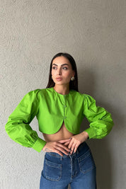 Yeşil Düğme Detaylı Crop Gömlek SY-1856-Yeşil