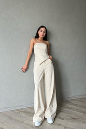 Bej Beli Bağcıklı Yıkama Detaylı Pantolon SY-1852-Bej