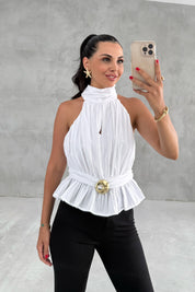 Beyaz Toka Detaylı Halter Yaka Bluz SY-3288-Beyaz