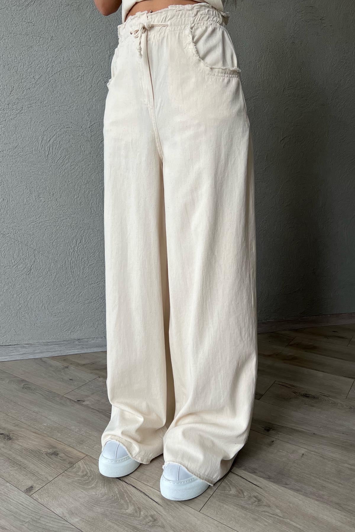 Bej Beli Bağcıklı Yıkama Detaylı Pantolon SY-1852-Bej