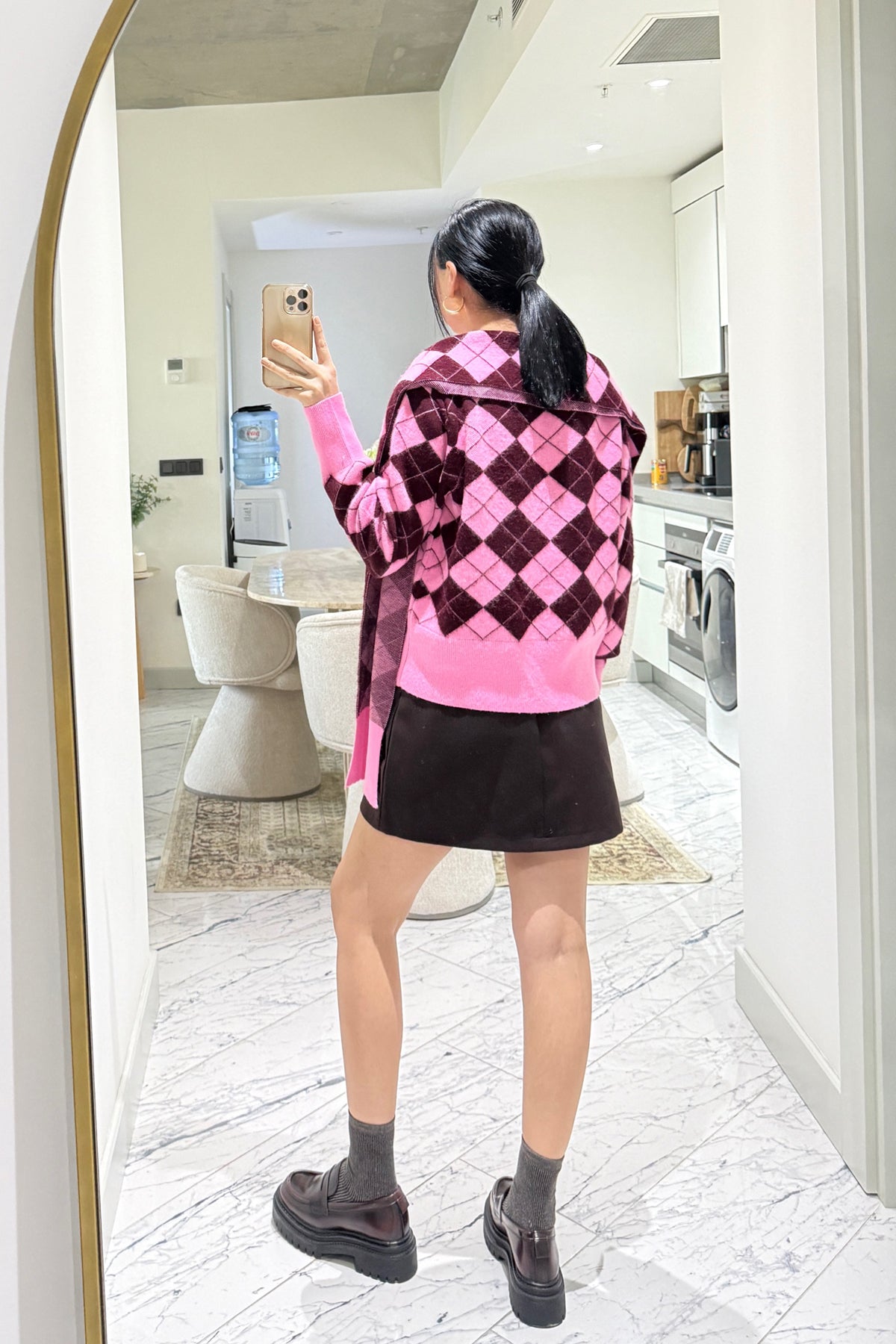 Kendinden Şallı Baklava Desenli Polo Yaka Triko SY-3563-Pembe
