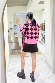 Kendinden Şallı Baklava Desenli Polo Yaka Triko SY-3563-Pembe