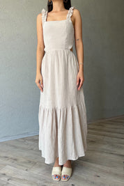 Bej Desenli Kolu Fırfırlı Bağlamalı Elbise SY-2347-Bej