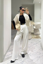 Ekru Pilili Palazzo Pantolon SY-3598-Ekru