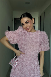 Gül Detaylı Pudra Rosella Özel Tasarım Elbise SY-3519-Pudra