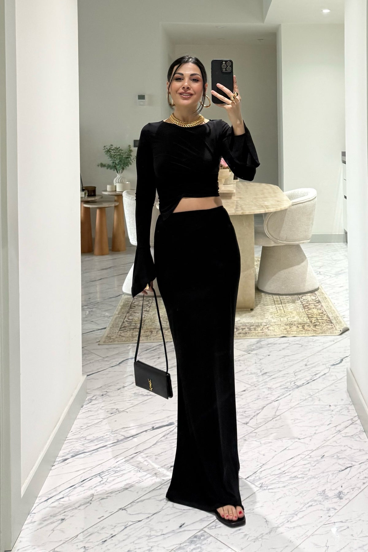 Siyah Büzgülü Bluz Etekli İkili Takım SY-2373-Siyah