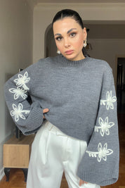 Antrasit Tasarım Kolları Nakışlı Kazak SY-2837-Antrasit