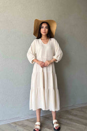 Müslin Kumaş V Yaka Rahat Kesim Taş Elbise SY-1939-Taş