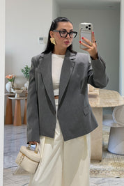 Gri Kruvaze Yandan Düğmeli Blazer Ceket SY-2546-Gri