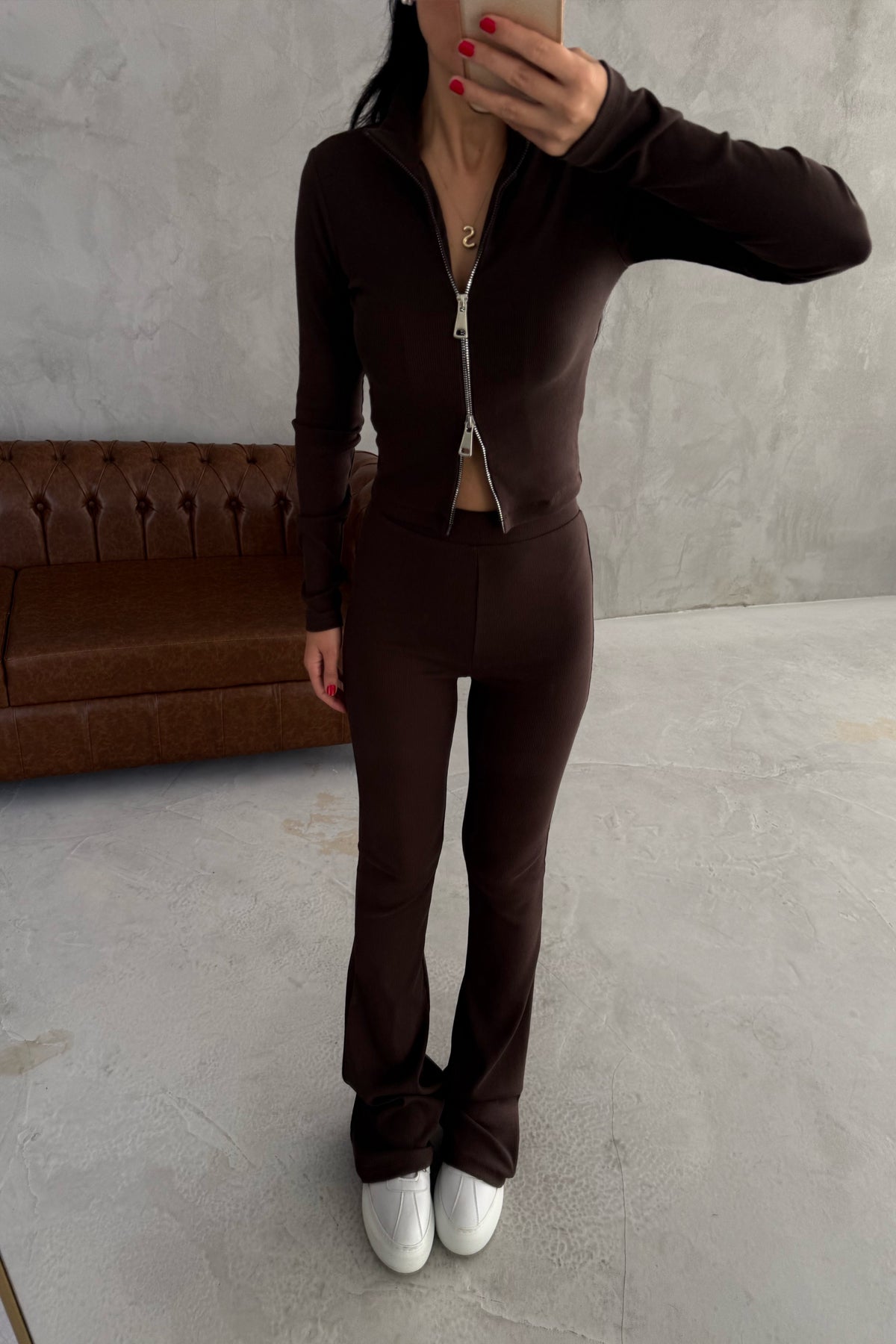 Kahve Lost Fermuarlı Sweatshirt Tayt Takım SY-3446-Kahve