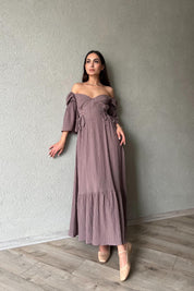 Mürdüm Düşük Kol Balenli  Gofre Kumaş Uzun Elbise SY-1779-Mürdüm