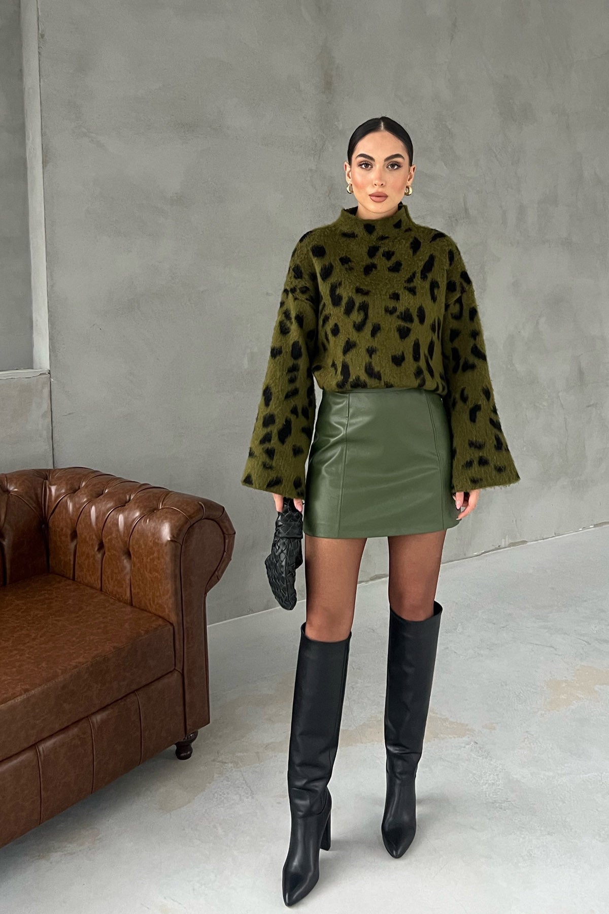 Haki Trapez Mini Deri Etek SY-2794-Haki