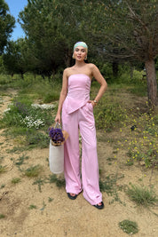 Pembe Asimetrik Straplez ve Pantolon Takım SY-3189-Pembe