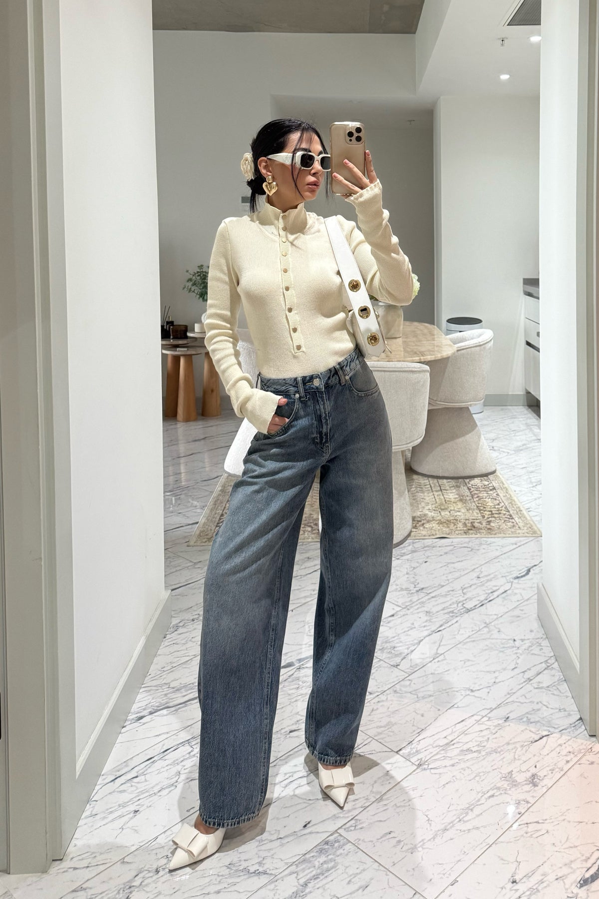 Ekru Dik Yaka Çıtçıtlı Triko Kazak SY-3502-Ekru