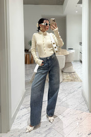 Ekru Dik Yaka Çıtçıtlı Triko Kazak SY-3502-Ekru