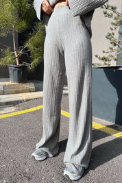 Gri Triko Düğme Detay Bluz ve Pantolon Takım SY-0983-Gri