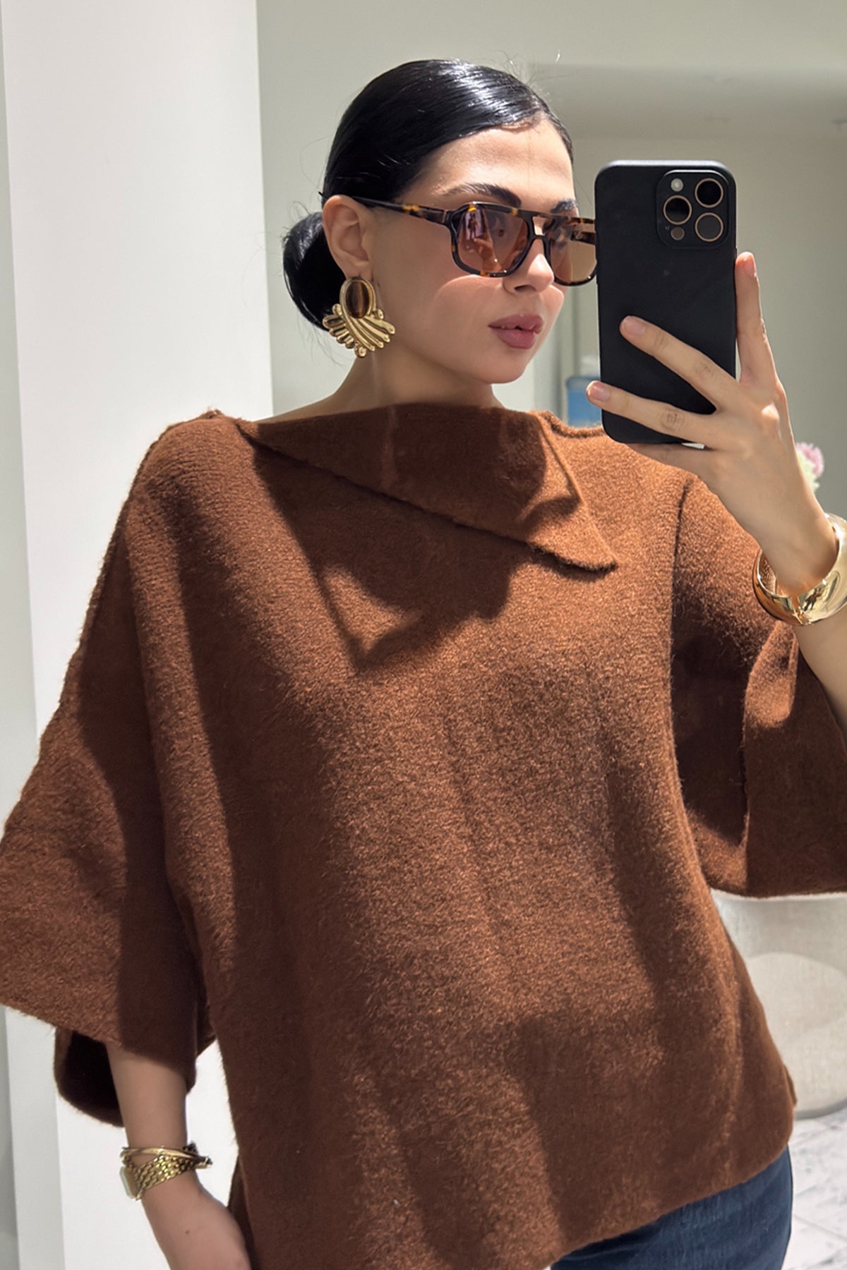 Kahverengi Yaka Detaylı Triko-Kazak SY-3613-Kahverengi