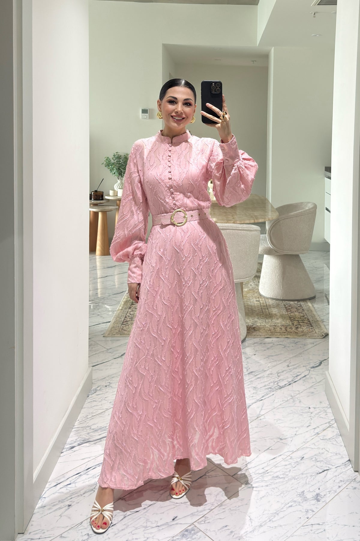 Murhpy Altın Tokalı Kemer Detaylı Jakarlı Elbise SY-2935-Pembe