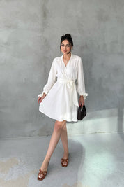 Ekru Kruvaze Kapamalı Kuşaklı Elbise SY-3100-Ekru