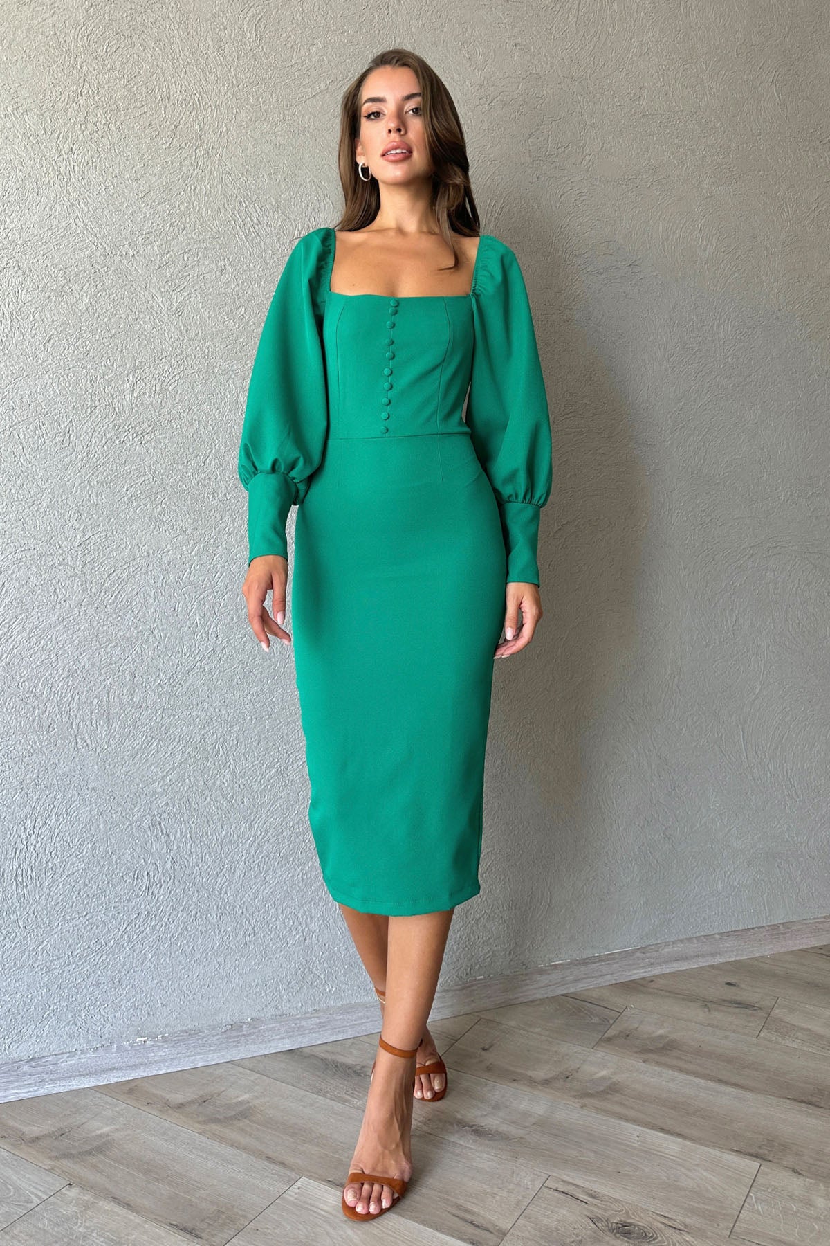 Yeşil Kare Yaka Düğme Detaylı Elbise SY-0964-Yeşil