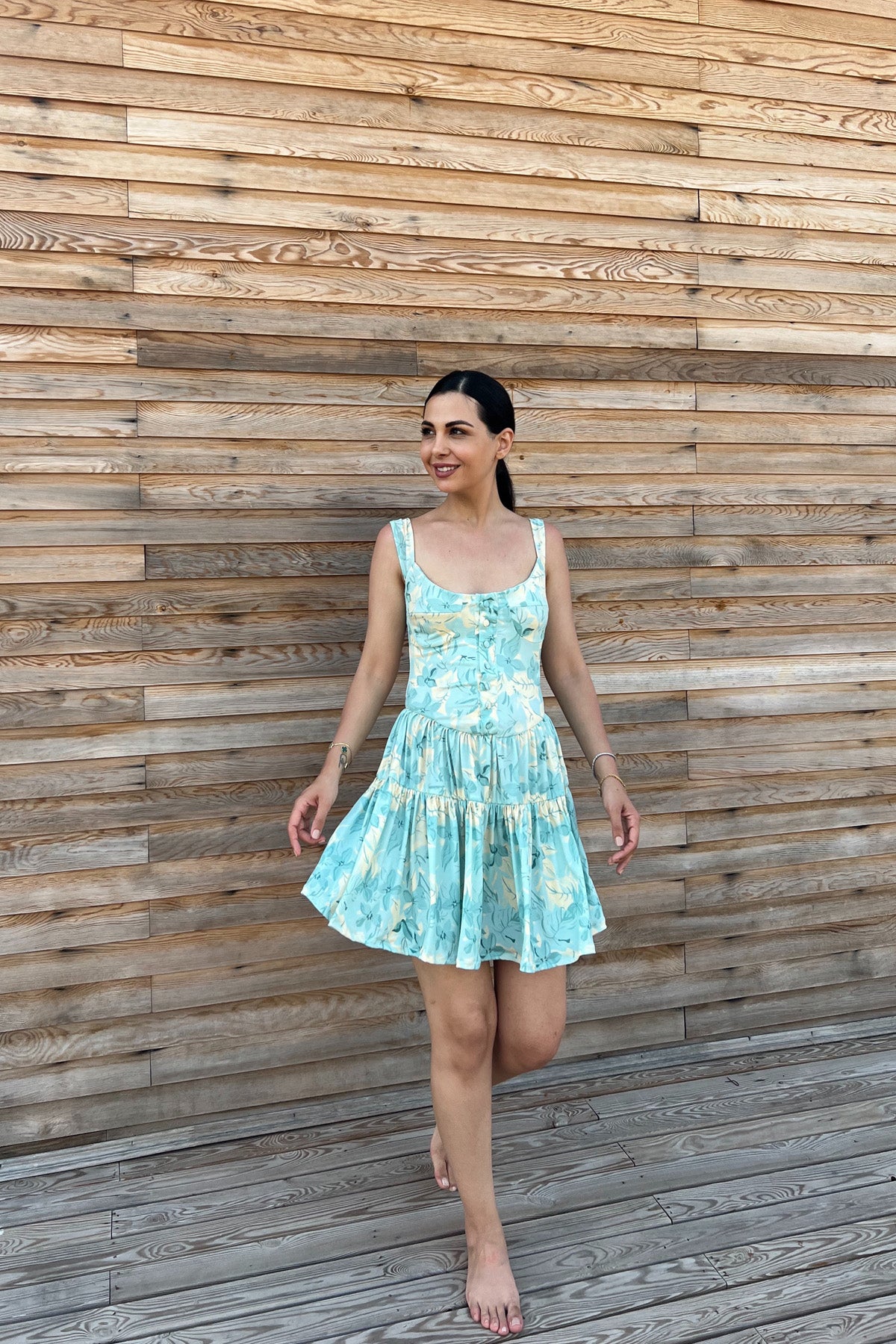 Mint Yeşili Desenli Eteği Büzgü Detaylı Elbise SY-2179-Mint Yeşili