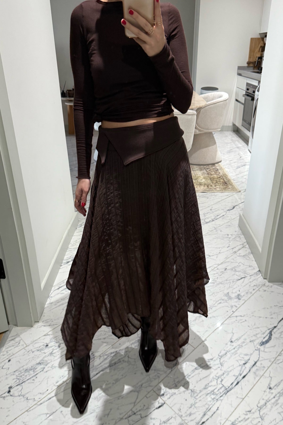 Kahverengi Asimetrik Bel Detaylı Etek SY-3544-Kahverengi