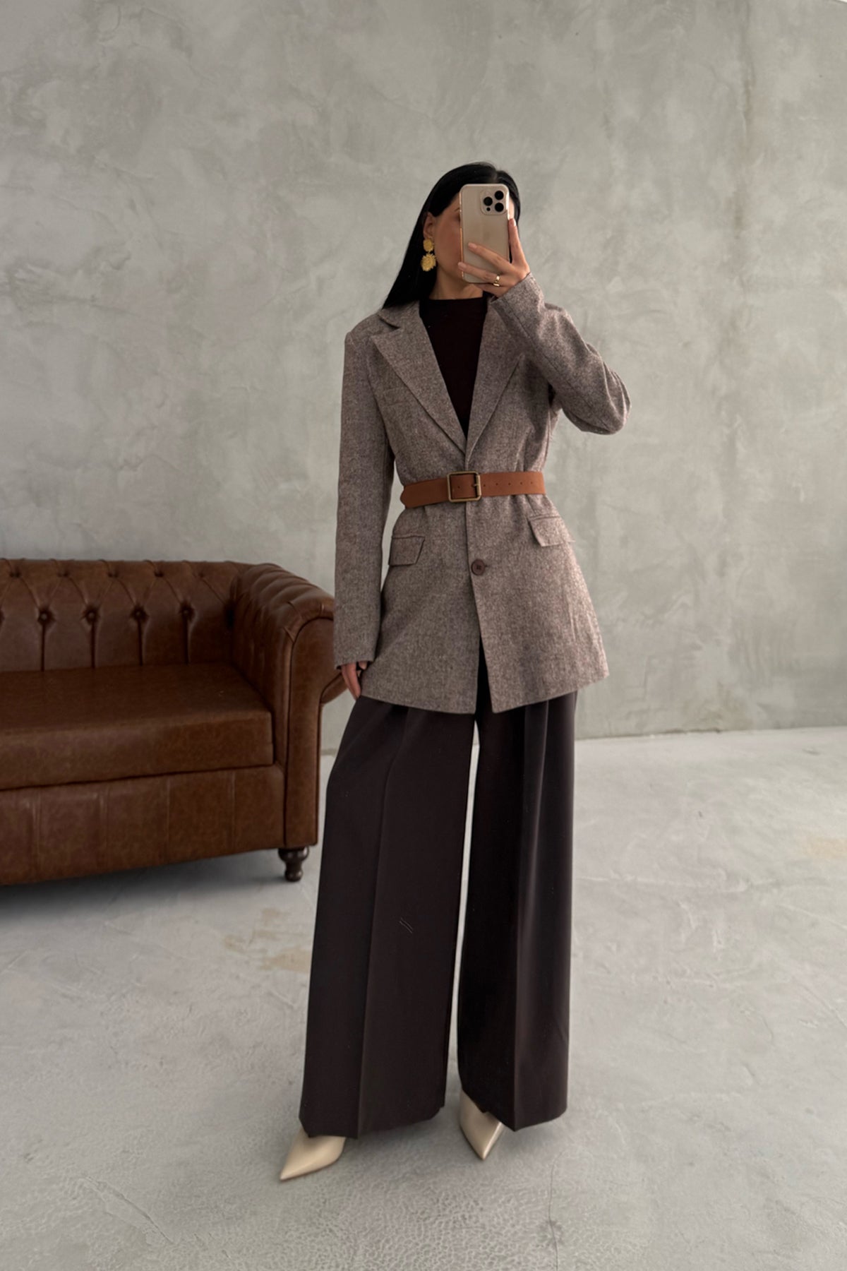 Vizon Kemerli Çift Düğmeli Oversize Ceket SY-3391-Vizon