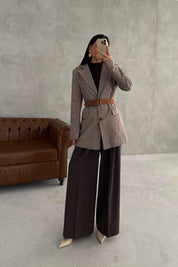 Vizon Kemerli Çift Düğmeli Oversize Ceket SY-3391-Vizon