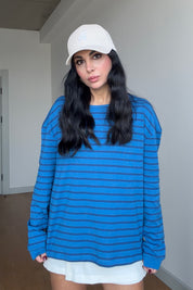 Mavi Çizgili Uzun Kollu Oversize Tişört SY-3883-Mavi