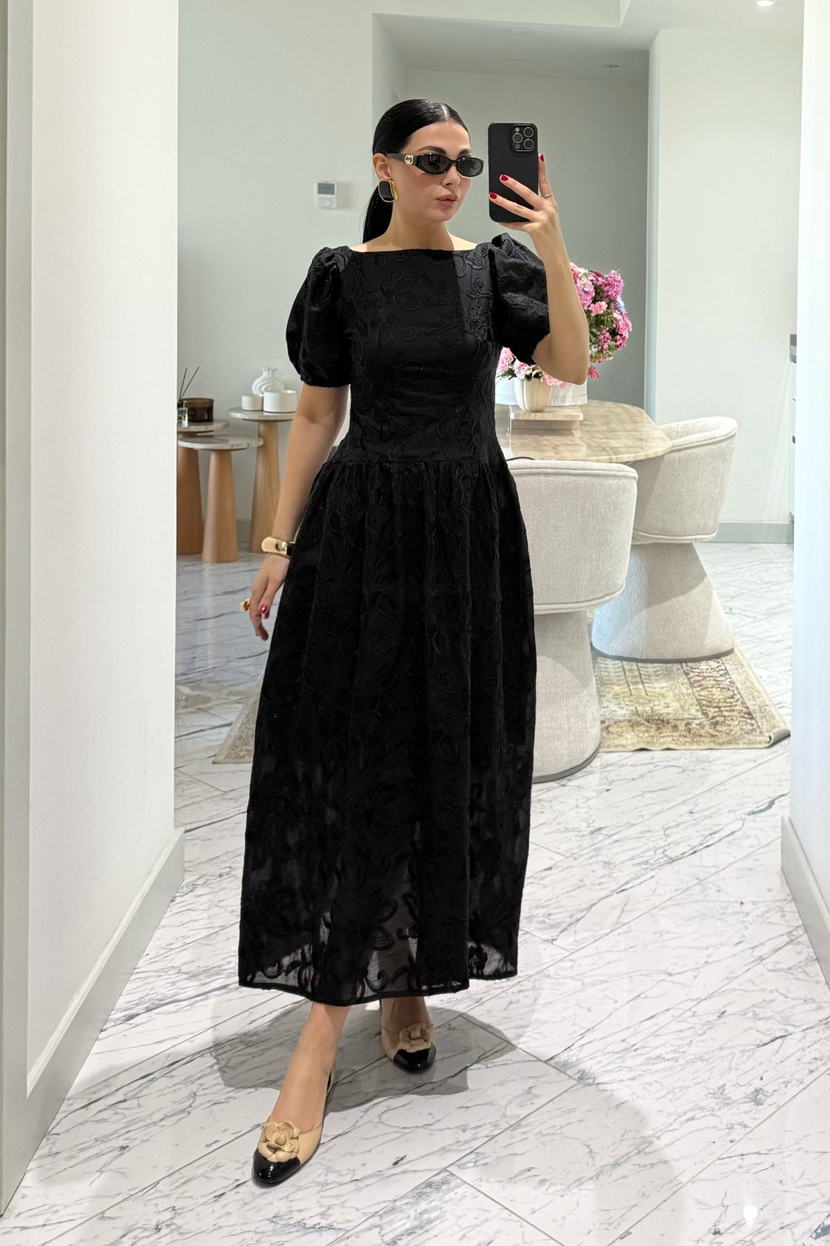 Brode Siyah Midi Santorini  Elbise SY-3660-Siyah