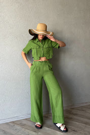 Yeşil Beli Lastikli Premium Keten Pantolon SY-2217-Yeşil