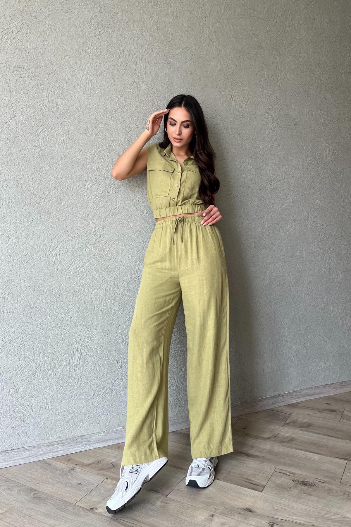 Haki Sıfır Kol Cep Detaylı Crop Pantolon Takım SY-1788-Haki