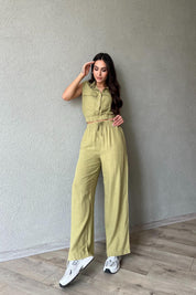 Haki Sıfır Kol Cep Detaylı Crop Pantolon Takım SY-1788-Haki