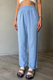 Mavi Bel Detaylı Keten Pantolon SY-2044-Mavi