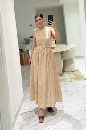Santorini Çiçek Desenli Midi Elbise-Bej SY-3661-Bej