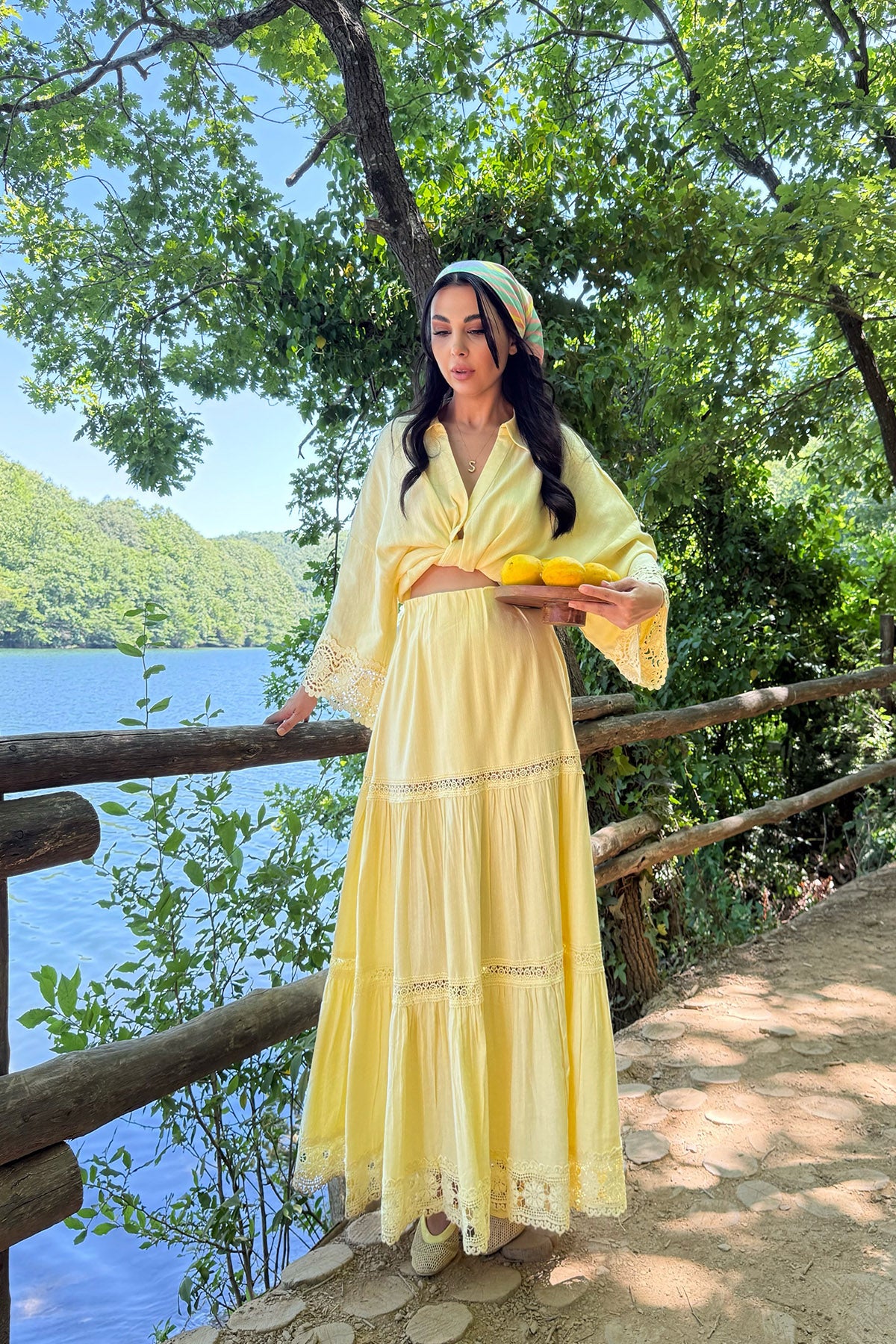 Sarı Keten Güpür Detaylı Etek Ve Gömlek Takım SY-3231-Sarı