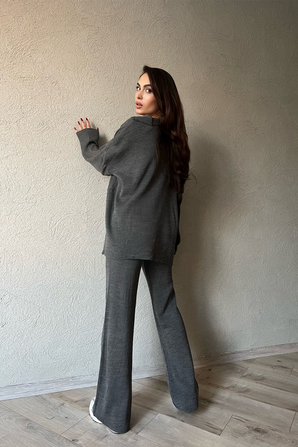 Antrasit Fermuarlı Fitilli Oversize Kazak ve Pantolon Takımı SY-1257-Antrasit