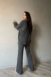 Antrasit Fermuarlı Fitilli Oversize Kazak ve Pantolon Takımı SY-1257-Antrasit