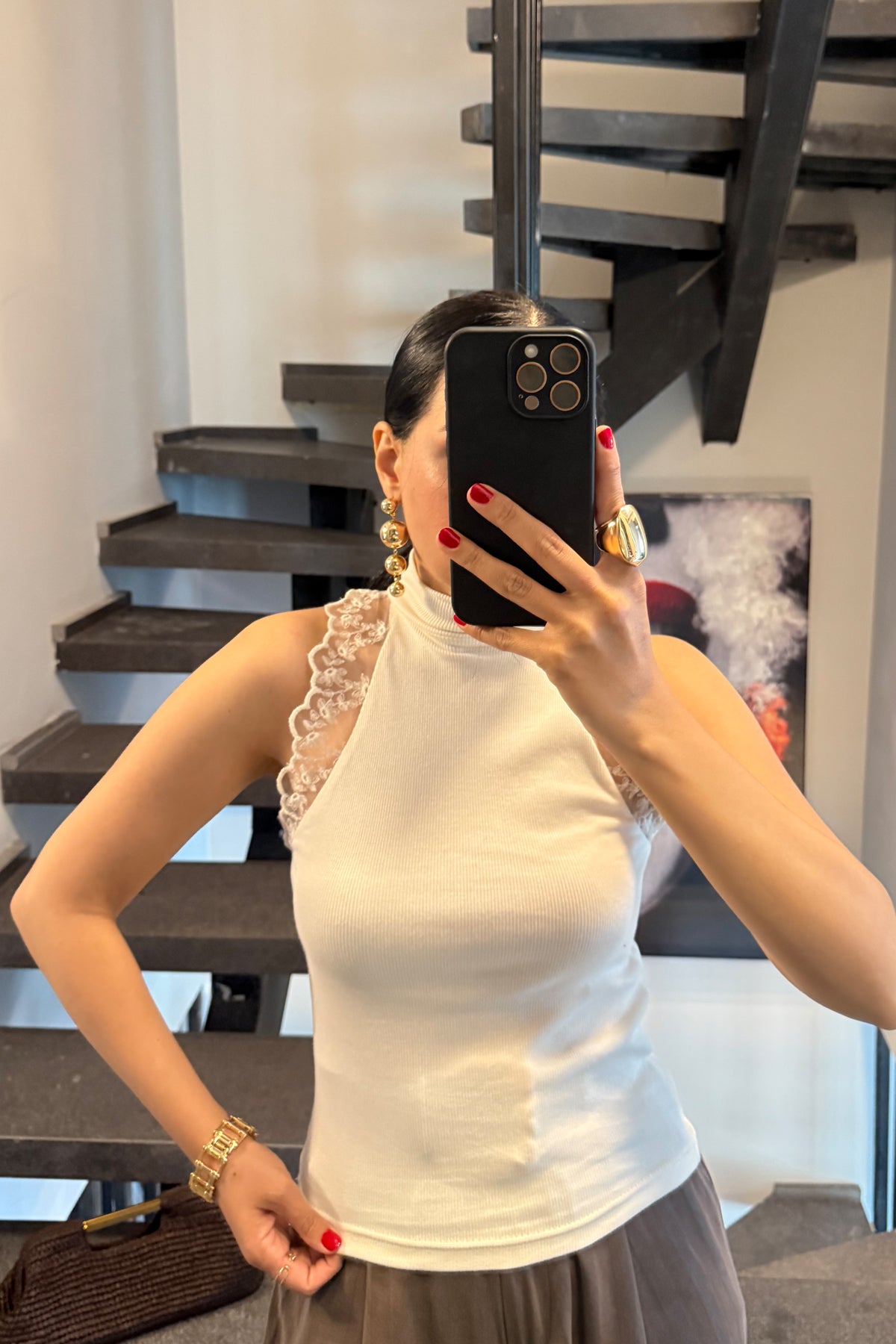 Ekru Balıkçı Yaka Güpür Detaylı Triko Bluz SY-3712-Ekru