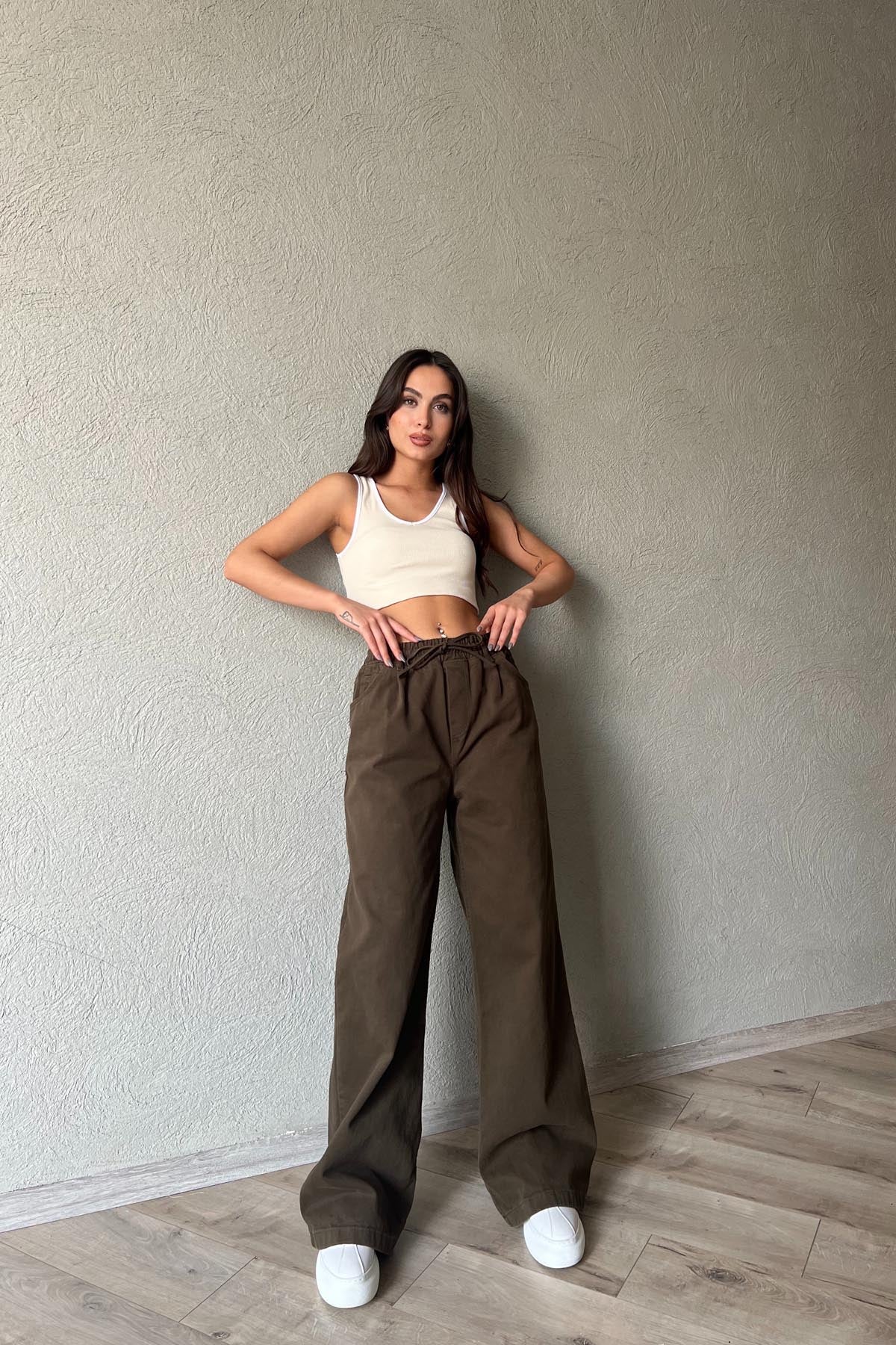 Haki Beli Lastik Detaylı Gabardin Bol Paça Pantolon SY-1916-Haki